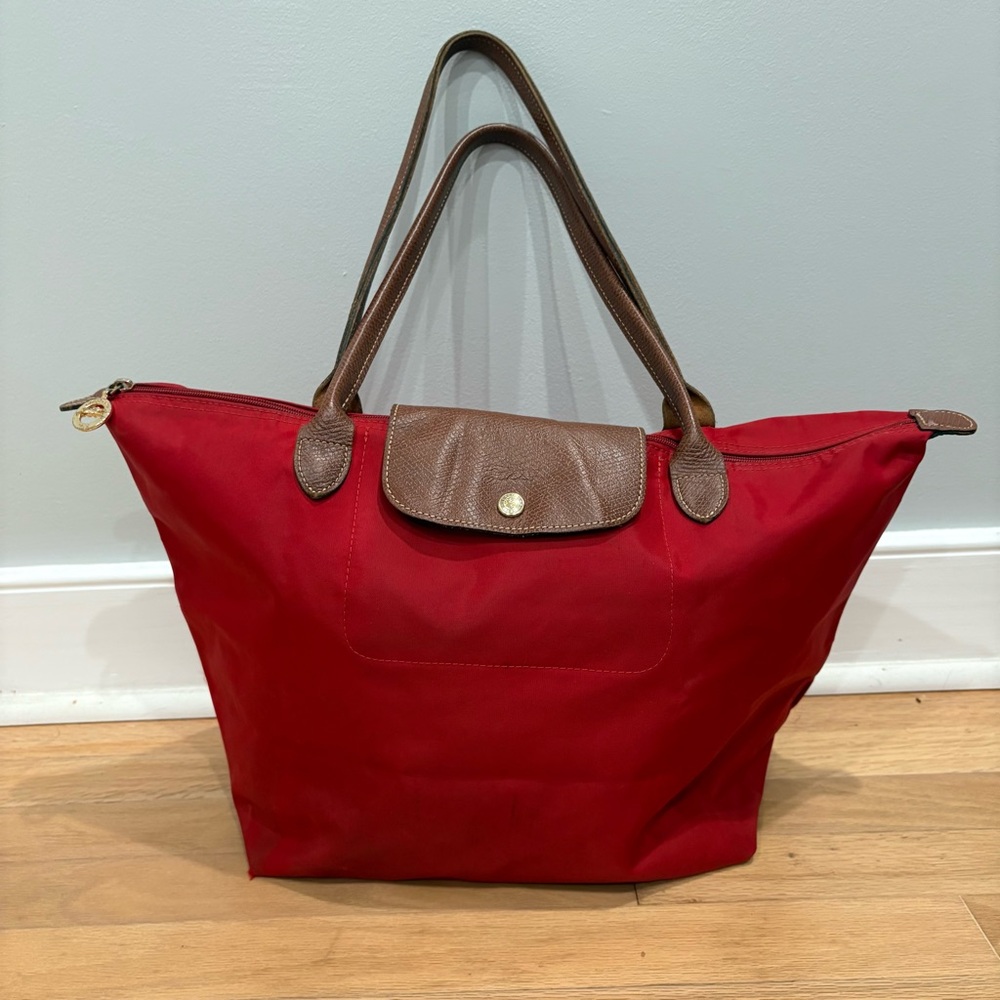 Large Longchamp Red Tote with Brown Handles